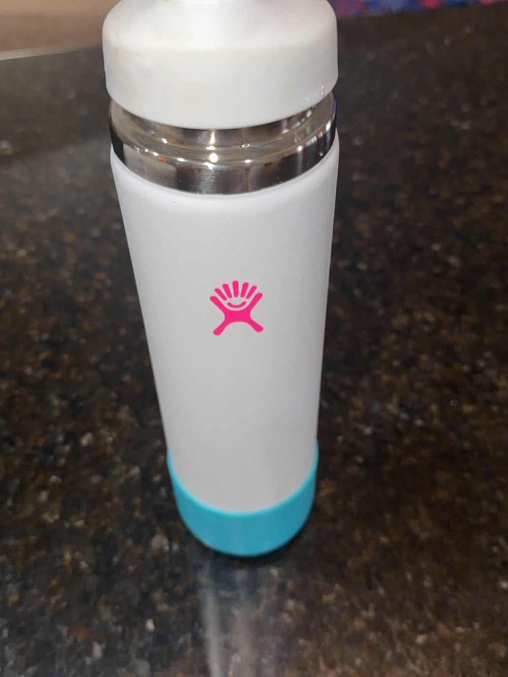 Hydro Flask White Bottle with Pink Logo and Light Blue Base